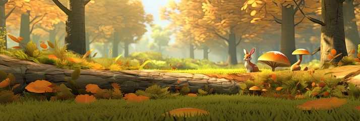 Wandaufkleber cartoon wildlife scene with rabbit, forest and autumn forest, generative AI © VALUEINVESTOR