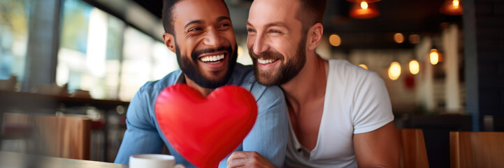 Happy gay couple on Valentine's Day poster. - obrazy, fototapety, plakaty