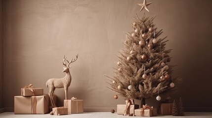 Beautiful Christmas tree with gift boxes and wooden reindeer near beige wall. decorations, xmas, celebrate new year happy festival, party, gift, present, card, happiness, countdown, gift box. holiday. - obrazy, fototapety, plakaty