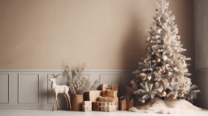 Beautiful Christmas tree with gift boxes and wooden reindeer near beige wall. decorations, xmas, celebrate new year happy festival, party, gift, present, card, happiness, countdown, gift box. holiday.