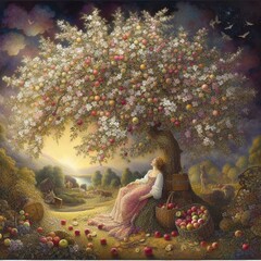 Beautiful fairy tale scene with a girl in the apple tree. Digital painting.