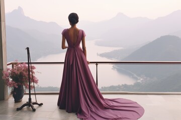 Back view gorgeous young woman female lady dust pink elegant luxurious silk ball dress standing looking balcony bridesmaid clothes trendy wedding studio evening fashion model gown photoshoot romantic - obrazy, fototapety, plakaty