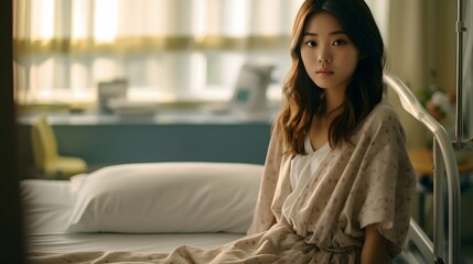 Fototapeta premium 病院のベッドの上で見つめる女性