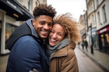 Portrait happy multiethnic young adult married couple family in love looking at camera cuddle hugging outside city street. Smiling toothy woman man dating embraces romantic walk weekend togetherness