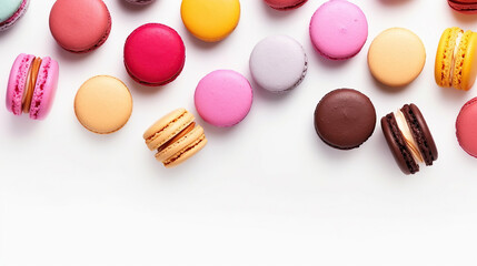 Various colorful of macarons floating on the air isolated on white background, Desserts sweet cake concept.