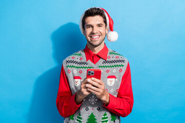 Photo portrait of nice young male instagram twitter facebook telegram wear x-mas print vest hat...