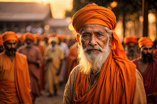 A serene old Hindu monk with a wise gaze, dressed in traditional saffron robes with an orange turban, embodying spiritual calm.
