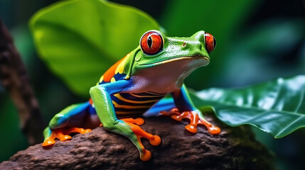 Colorful of red eye tree frog on the branches leaves of tree, close up scene, animal wildlife concept, habitat of frog background. - obrazy, fototapety, plakaty