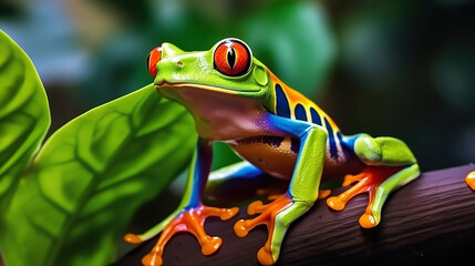 Naklejka premium Colorful of red eye tree frog on the branches leaves of tree, close up scene, animal wildlife concept, habitat of frog background.