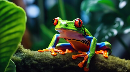 Fototapeta premium Colorful of red eye tree frog on the branches leaves of tree, close up scene, animal wildlife concept, habitat of frog background.