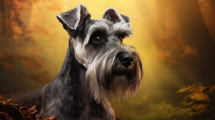 Portrait of a Miniature Schnauzer posing in front of a bright yellow forest background.