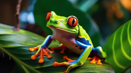 Fototapeta premium Colorful of red eye tree frog on the branches leaves of tree, close up scene, animal wildlife concept, habitat of frog background.