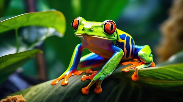 Colorful of red eye tree frog on the branches leaves of tree, close up scene, animal wildlife concept, habitat of frog background.