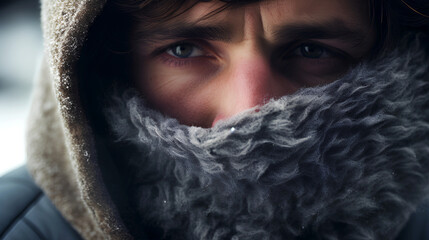 Close-up of two beautiful eyes of a man with a scarf on his nose to protect himself from the cold