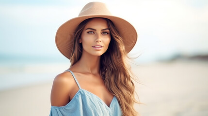 Beach portrait of Young beautiful woman in the pastel blue dress and brown hat on beach background.