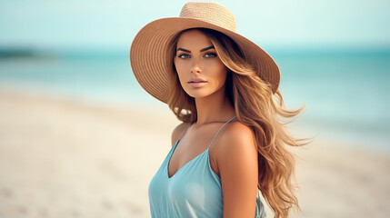 Beach portrait of Young beautiful woman in the pastel blue dress and brown hat on beach background.