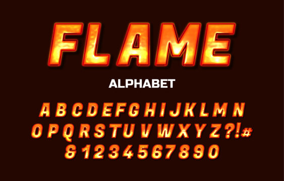 Flame font alphabet text effect template, orange neon glossy style typography, premium vector