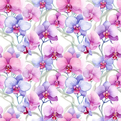 Watercolor Floral Seamless pattern of delicate blue pink orchid flowers on white background, exuding sense of tropical elegance. For print, textile, fabric, wrapping paper, wallpaper, cover, backdrop.