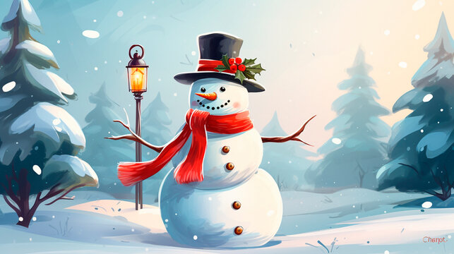 illustration of a happy snowman in the center of the image with a street lamp behind and a very Christmassy atmosphere