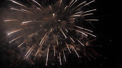 Fireworks sparkling flowers blasts with smoke cloud in black night sky