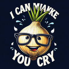 A realistic vetor art design of a smiley onion wearing cycle glasses saying, text  " I can make you cry ", illustration, typography,