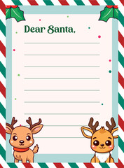 Christmas Letter to Santa Claus for Kids: Decorated Paper Sheet with Reindeer Character Vector Illustration
