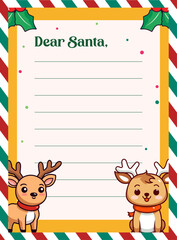 Kids’ Template for Christmas Letter to Santa Claus: Reindeer Character Vector Illustration on Decorated Paper Sheet
