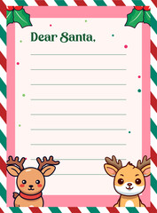 Decorated Paper Sheet with Reindeer Character Vector Illustration: Kids’ Christmas Letter to Santa Claus Template
