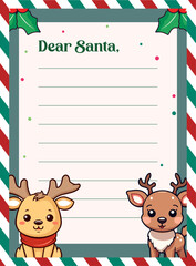 Santa Claus Christmas Letter Template for Kids: Decorated Paper Sheet with Reindeer Character Vector Illustration
