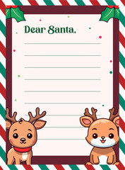 Naklejka premium Kids’ Christmas Letter to Santa Claus: Decorated Paper Sheet with Reindeer Character Vector Illustration 