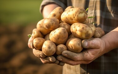 Farmers hand holding a freshly harvested potatoes