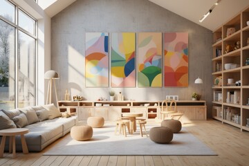 Stylish interior of a modern playroom in a kindergarten - obrazy, fototapety, plakaty