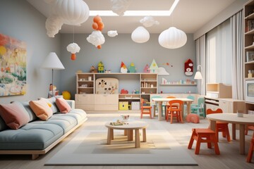 Stylish interior of a modern playroom in a kindergarten