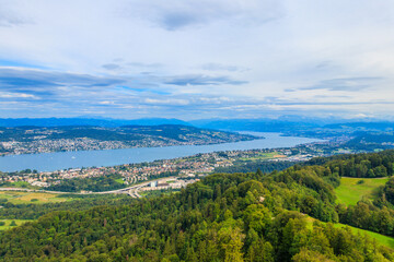 Naklejka na ściany i meble Aerial panorama of Zurich city and Lake Zurich from the Uetliberg mountain, Switzerland