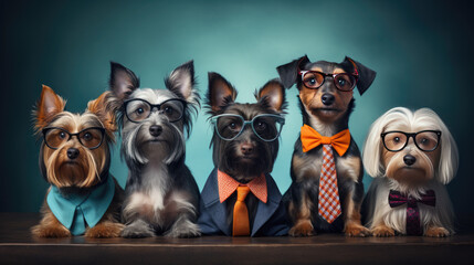 Five dogs next to each other with suits, ties and glasses