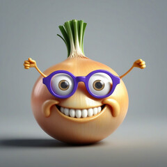 A realistic vetor art  design of a smiley onion wearing cycle glasses saying, text, " I can make you cry ", illustration, typography, 3d render
