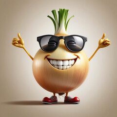 A realistic vetor art  design of a smiley onion wearing cycle glasses saying, text, " I can make you cry ", illustration, typography, 3d render