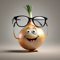 A realistic vetor art  design of a smiley onion wearing cycle glasses saying, text, " I can make you cry ", illustration, typography, 3d render