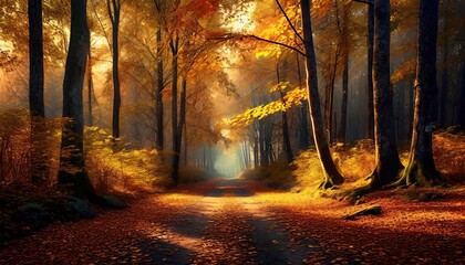Autumn forest road in november leaves fall ground landscape on autumn background	
