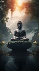 Giant Buddha Statue Situated by a Peaceful Lake, Invoking a Sense of Calm and Zen-like Serenity