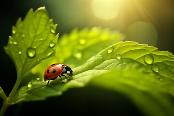 Obraz premium Intricately Detailed Macro Photography of a Ladybug Resting on a Green Leaf, Illuminated by Soft Nature Sunlight