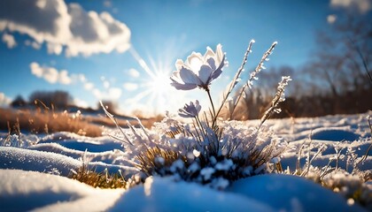 Winter landscape. Frozen flower / selective focus. Winter scene.