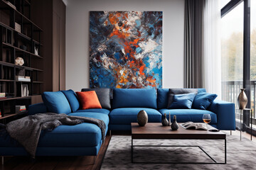 Comfortable minimalist living room with blue sofa