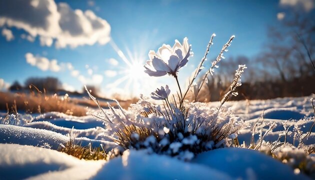 Fototapeta Winter landscape. Frozen flower / selective focus. Winter scene.
