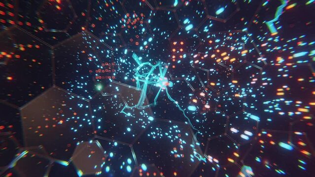 Reveals AI conceptual motion design, 3d animation of  Camera orbitiong around Neural network animation with electric synapses, AI intergration, macro vision of Neurons, seamless looped