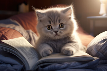 Adorable kitten reading a fairytale book in the bed.