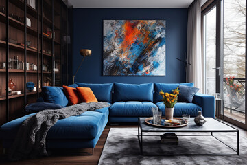 Comfortable minimalist living room with blue sofa