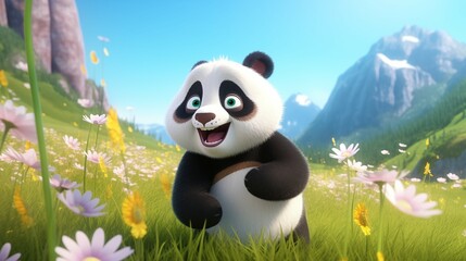 Naklejka premium Bright and Cute Cartoon Panda Character Render Perfect for Kids - Engaging with Natural Environment