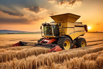 Obraz premium A shot at sunset of a professional work machine collecting wheat in a wheat field