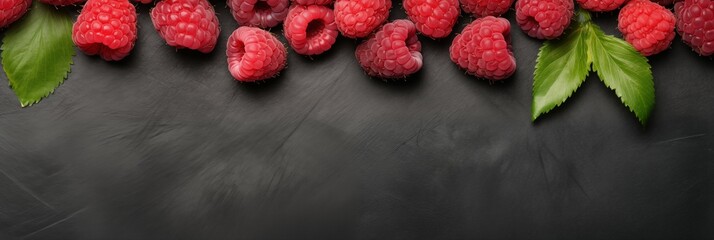 Top View Banner of Fresh Raspberries Scattered on Slate Background with Copyspace from Above